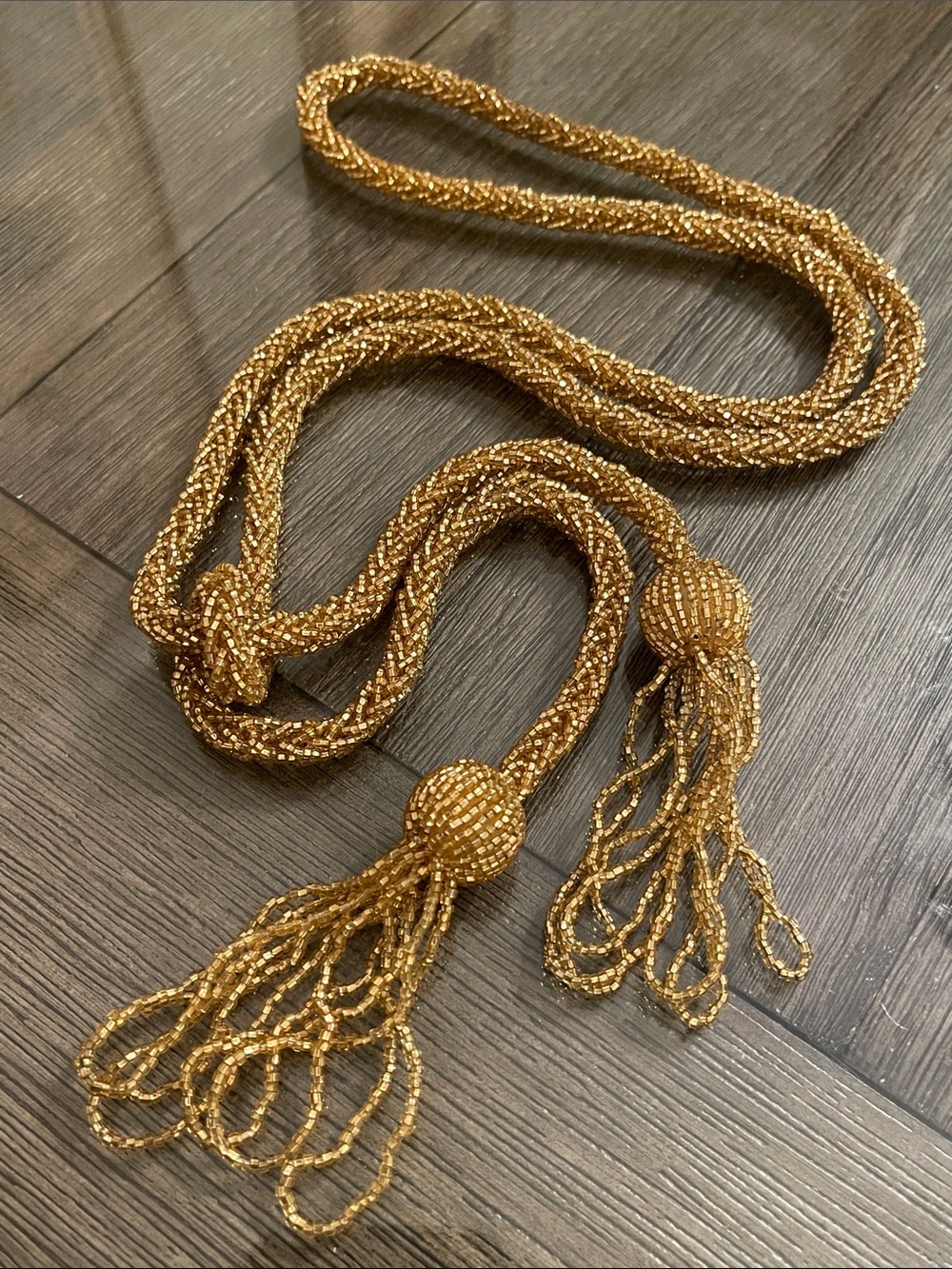 Vintage Flapper Style Braided Gold-tone Seed Bead Tassel Necklace